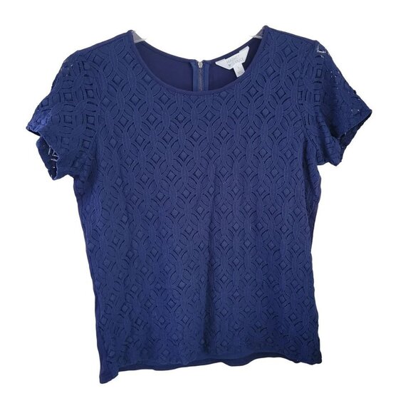 Market & Spruce Sz Large Blue Crochet Lace Lined Back Zip Short Sleeve Blouse - Picture 1 of 8